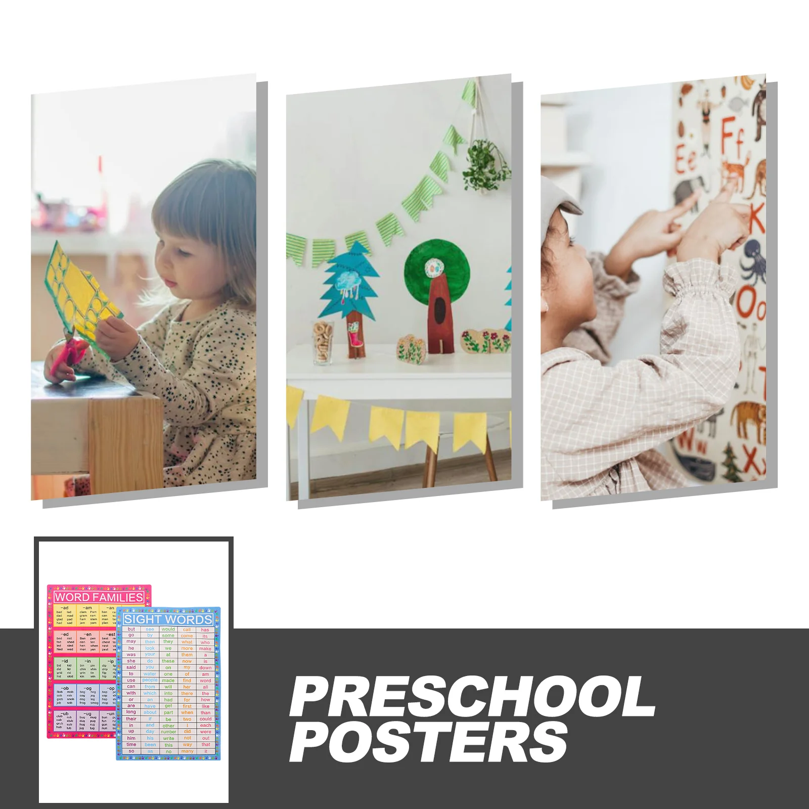 2 Sheets Educational English Words Posters Preschool Learning Classroom Decorations Wear-Resistant Early Childhood