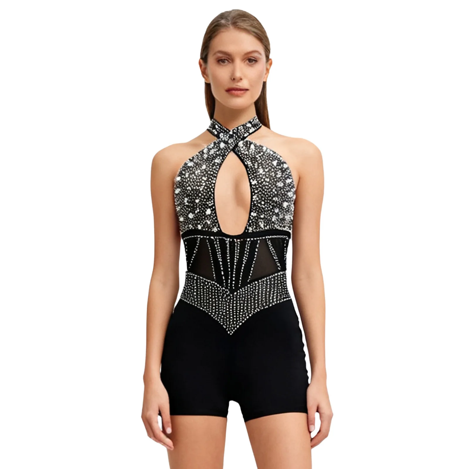 

Women Rhinestones Cutout Acrobatics Pole Dancing Jumpsuit Crossing Halter Front Hollow Bodysuit for Party Night Outing Clubwear