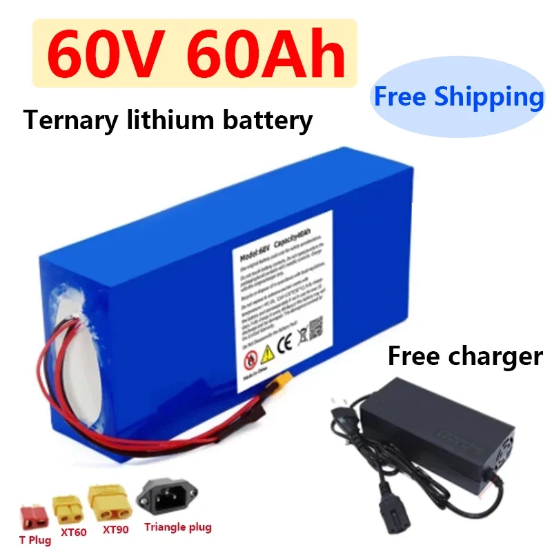 60V 60Ah Electric Motorcycle Bicycle Ternary Lithium Battery Rechargeable Battery Pack with BMS+67.2V 3A Charger + Free Shipping