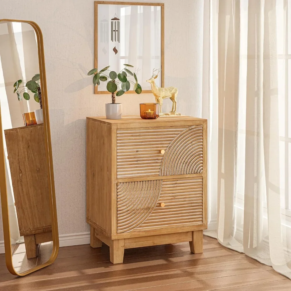 ขาตั้งกลางคืนในบ้านไร่ชุด nightstand 2ชิ้นประกอบขึ้นด้วยลวดลายวงแหวนไม้ทำด้วยมือสำหรับ Boho