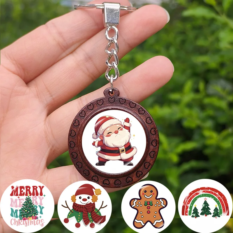Christmas Keychain Wooden Pendant Snowman Santa Claus Elk Green Tree Glass Cabochon Fashion Keyring Gifts