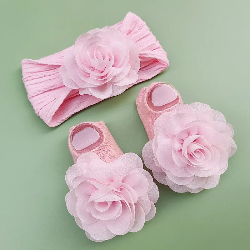 Ensemble de chaussettes de sauna pour bébé fille, 2 pièces, dentelle perlée, fleur, nouveau-né, joli nœud élastique, accessoires pour cheveux