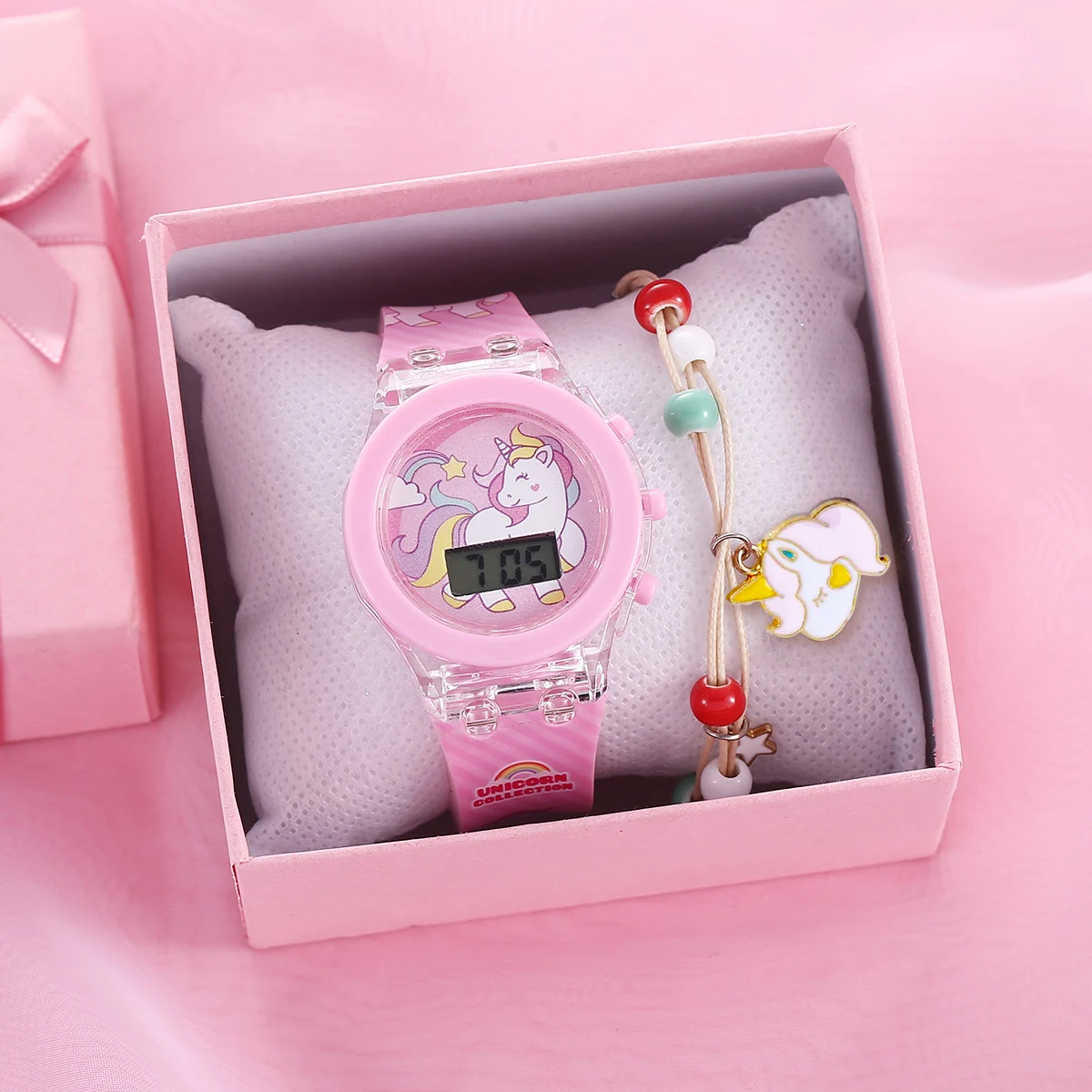 Relojes de unicornio para niñas con caja de pulsera, correa de silicona, luz de Flash, reloj para niños, reloj infantil para mujeres