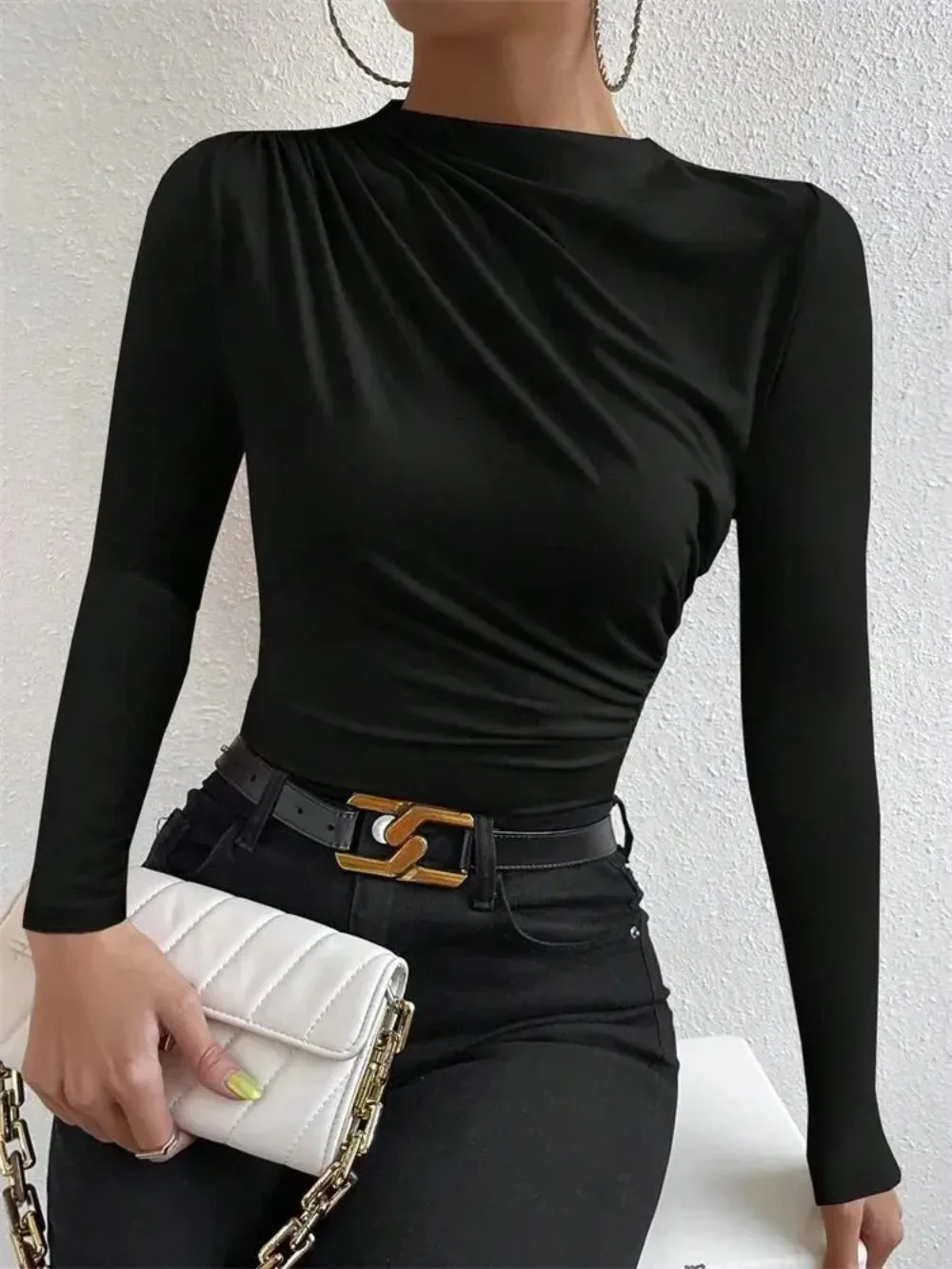 

Casual Pleated Mock Neck Long Sleeve T-shirt for Women Autumn Winter Spring Solid Color Ruched Skinny Slim Fit Blouse Top Tshirt
