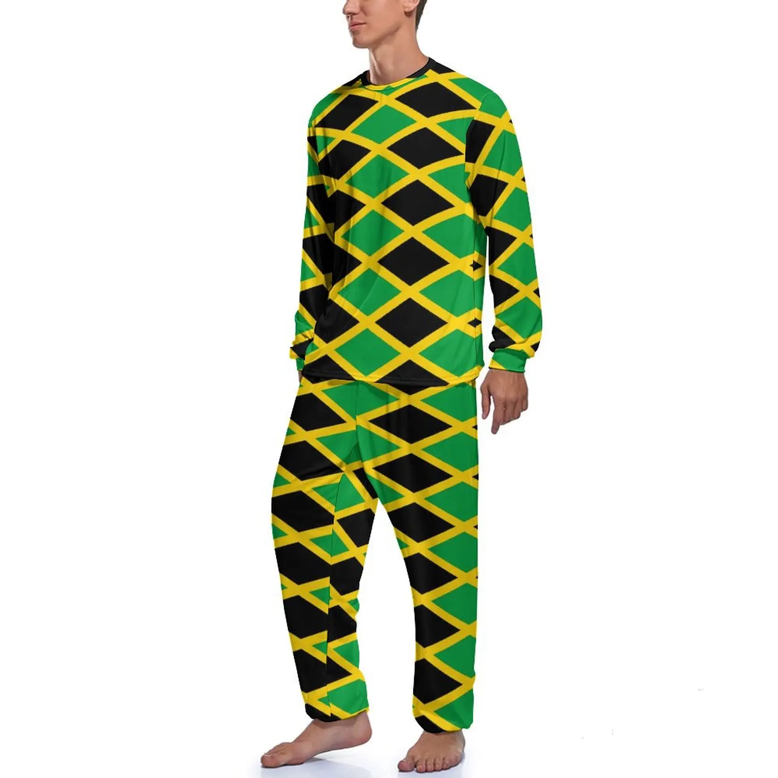 Jamaican Flag Pajamas Autumn Black Green Sleep Sleepwear Men 2 Pieces Custom Long Sleeve Cute Pajama Sets