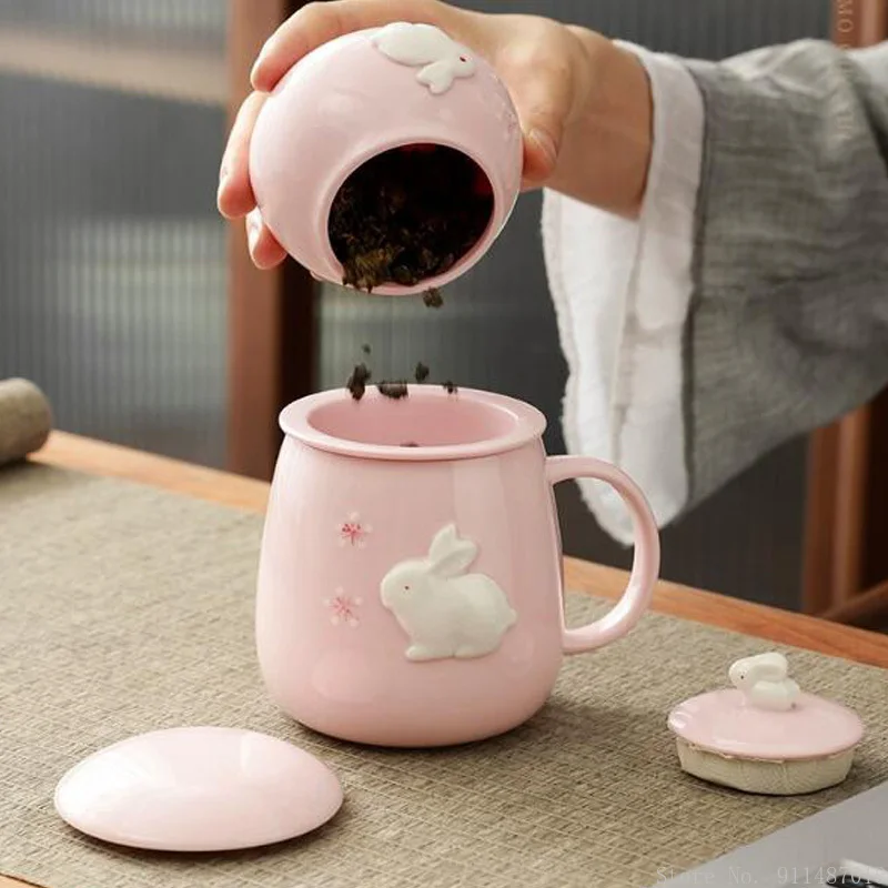 Creative Pink Rabbit Mug Ceramic Home Study Living Room Supplies Tea Water Separation With Lid Filter Office Cup Gift Box