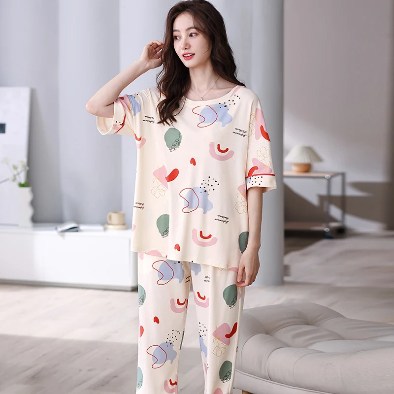 New Women Summer Fashion Pajamas Round Neck Pure Cotton Nightwear Young Girls Large Size Homewear Short Sleeve Casual Tracksuit