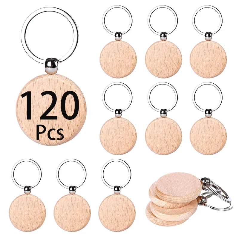 

120Pcs Blank Round Wooden Keychain Diy Wood Rings Wooden Key Tags