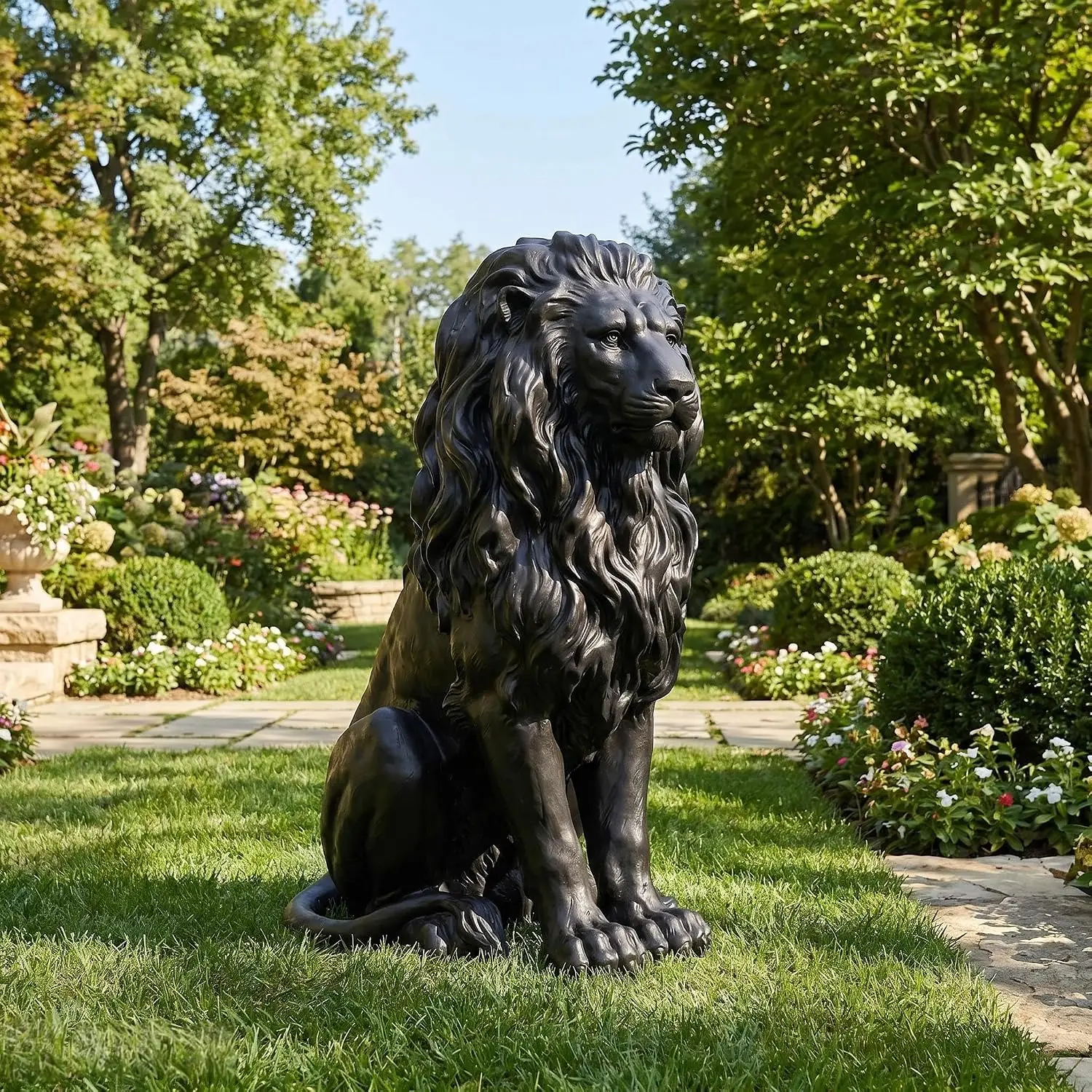 Resin Statue Outdoor Sculpture Lion Garden Decor Black