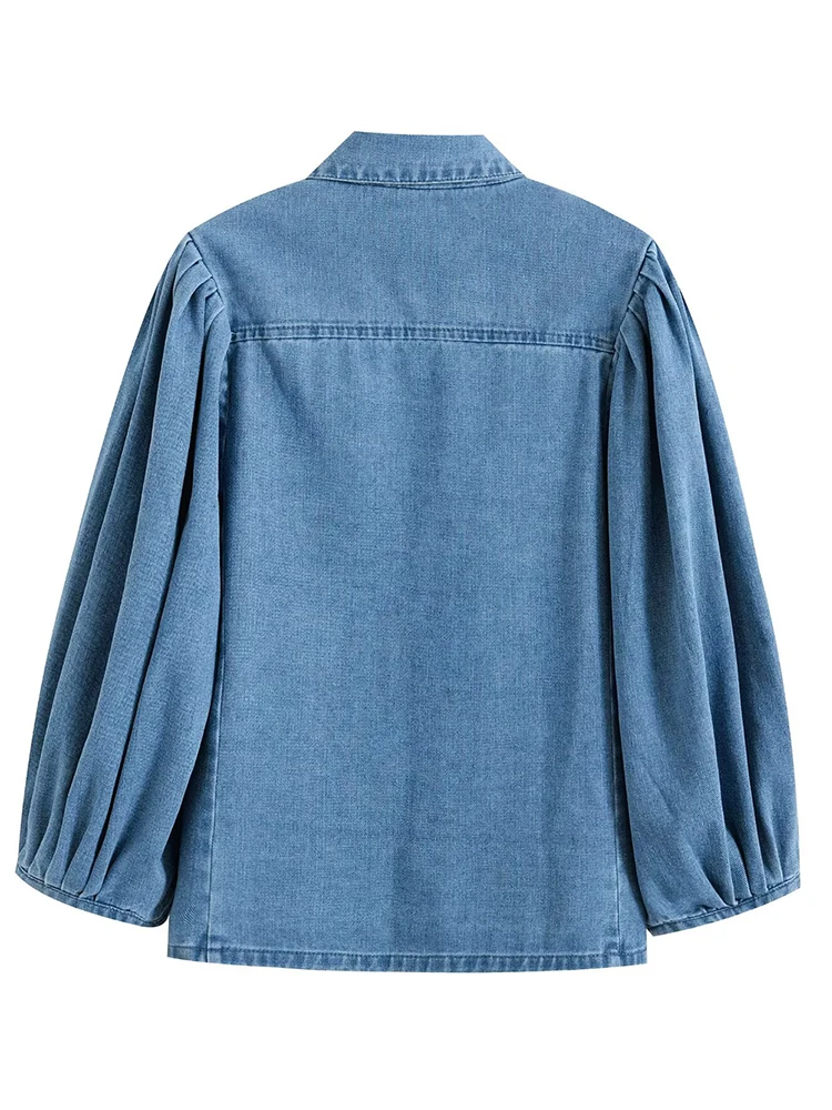Neue Damenmode im europäischen Stil, vielseitiges, einfaches Temperament, einfarbiges Denim-Revers-Puffärmelhemd