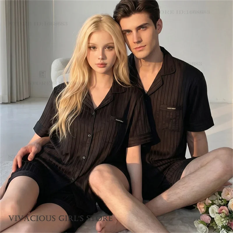 Summer New Couple Pajams Set Loungewear Balck Striped Short Sleeve Shorts Pijama Suit Sleepwear Loose Rayon Homewear Lingerie