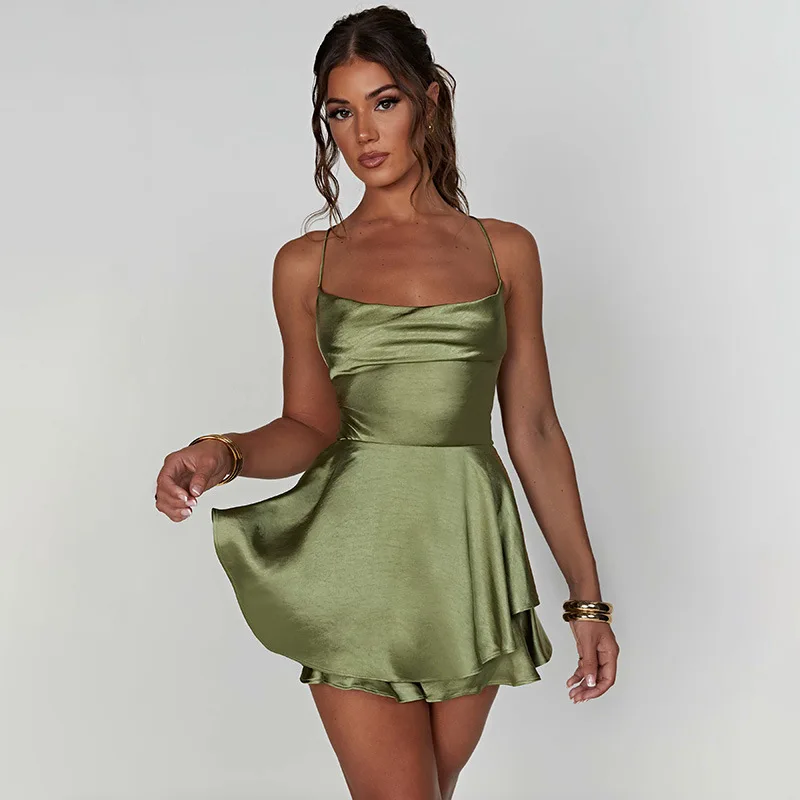 Women Spaghetti Strap Backless Satin Pleated Mini Dress Sexy Party Club Casual Sundress 2023 Summer Elegant Fairy Clothes
