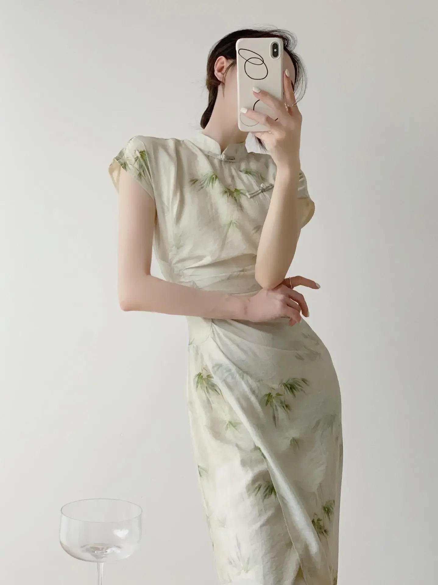 

New Chinese Style Improved Cheongsam Summer Beige Elegant Short Sleeve Dress for Women Daily Party Dresses