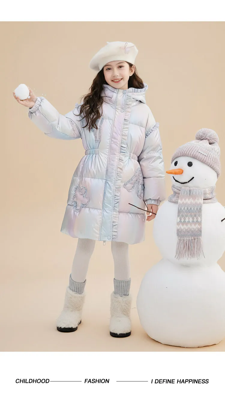 Langer Daunenmantel mit Kapuze für Mädchen, 90 % weiße Entendaunen, warmer Winterparka mit Spitze und Rüschen, winddichte, dicke Oberbekleidung für Teenager und Kinder, A5123 – Detail 4