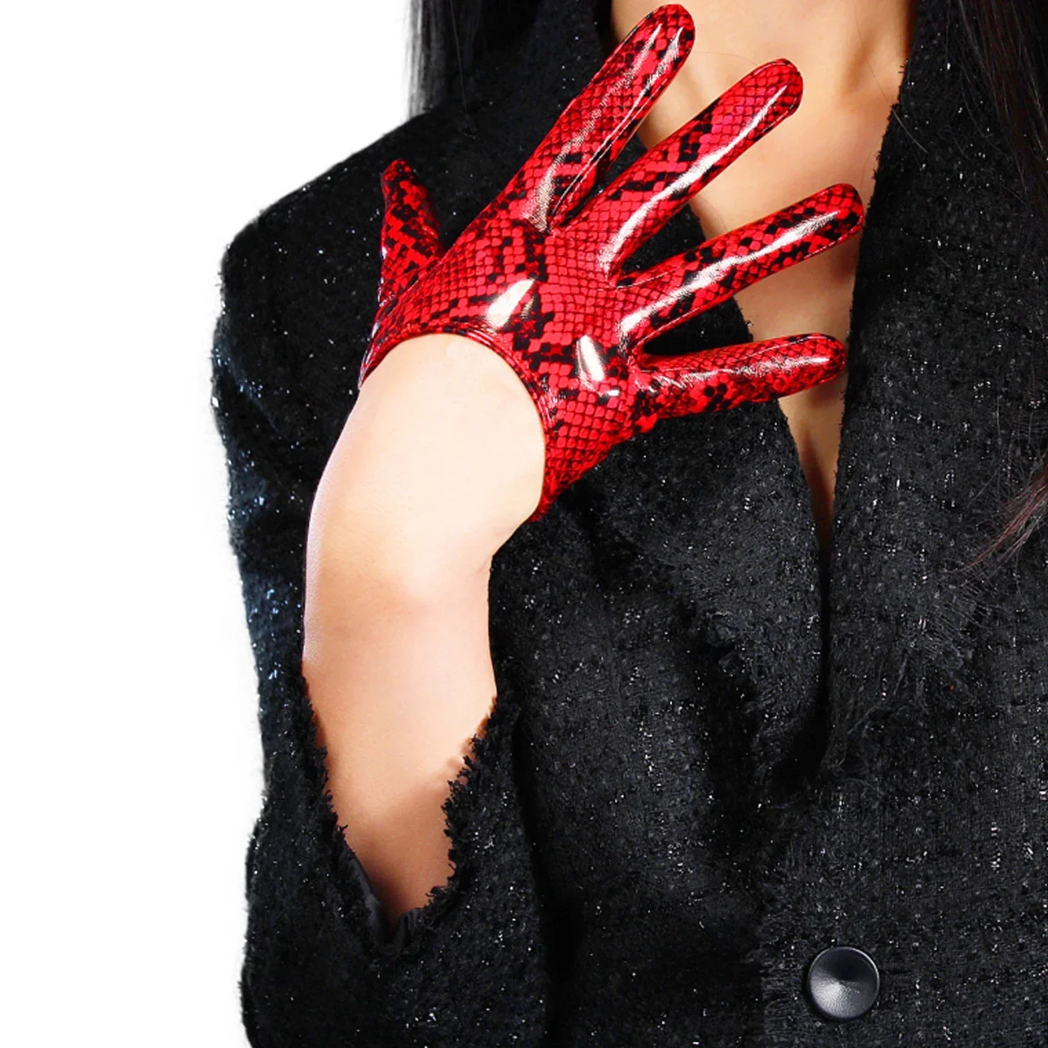 Guantes de Serpiente para Mujer DooWay, Látex, Piel Sintética, Aspecto Mojado, Rojo Brillante, Súper Cortos, Estampado Animal, Pitón, Serpiente, Estilo Salvaje, Halloween