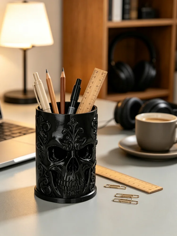 Novel and Cool Skull Pen Holder in Gothic Retro Style with Carved Skull Design, Luxurious Embossed Pattern Hollow-Out Craftsmanship, Desktop Pen Storage Box, Made of Pure Black Petg Sturdy Plastic with a Wide and Stable Base, Suitable for Office Desk and Study Room, Can Be Used as a Makeup Brush Holder, Halloween Desktop Decoration, Punk Dark Room Decoration, Desktop Skull Ornament Gift