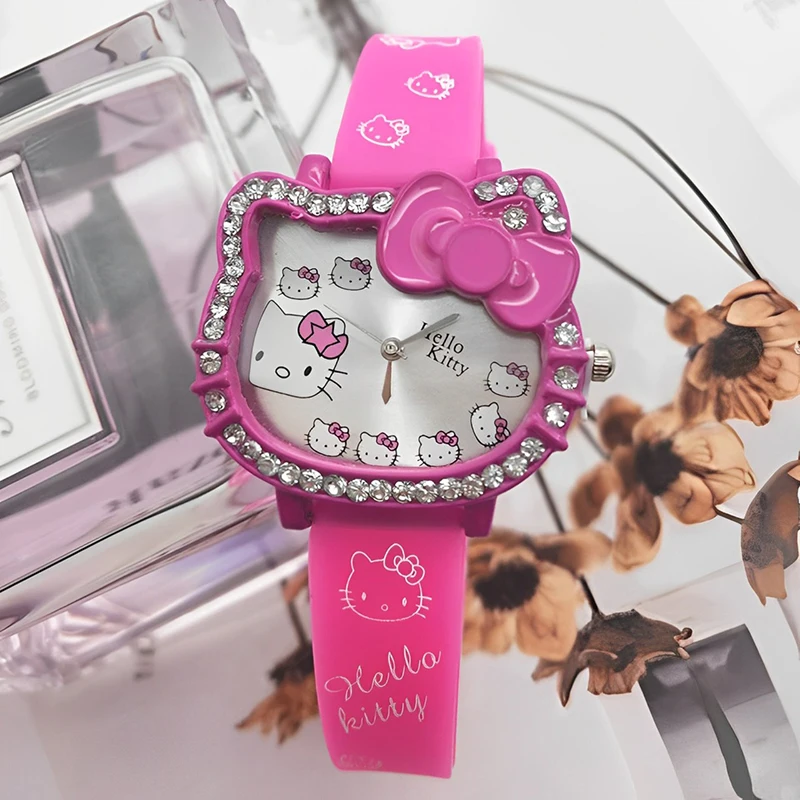 Mininstants-Montre de dessin animé pour enfants, Sanurgente, Hello Kitty Head, diamant en silicone, montre à quartz pour filles, montre pour étudiants, cadeaux d'anniversaire pour enfants