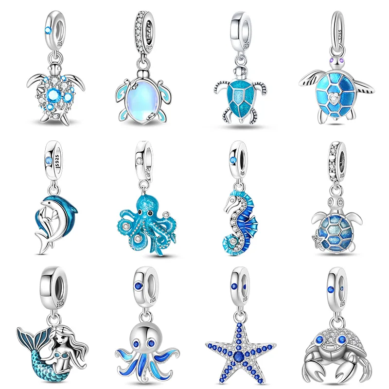 Pingentes de prata 925 com tartarugas marinhas, estrelas-do-mar e águas-vivas luminosas para mulheres, compatíveis com pulseiras originais, para presentes de joias DIY.
