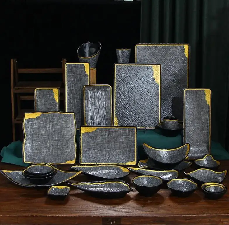 

Набор меламиновой посуды, обеденная тарелка для барбекю, блюдо для суши, соуса, поднос для закусок, тарелки в стиле вестерн, миска для фруктового салата, десерт