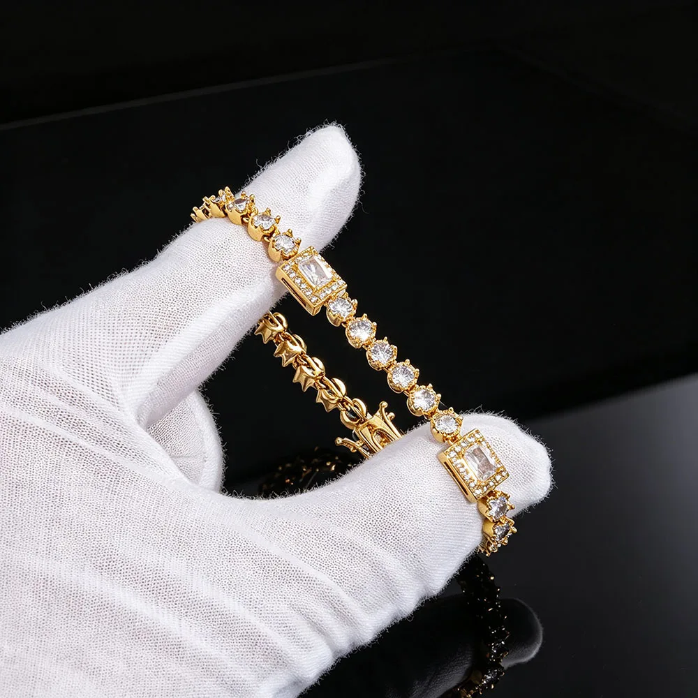 NY Exquisite 8mm Round/Square Bling Zircon Bracelet Iced Out Brass 18k Gold Plated Luxury For Women Hip Hop Jewelry Tennis Chain