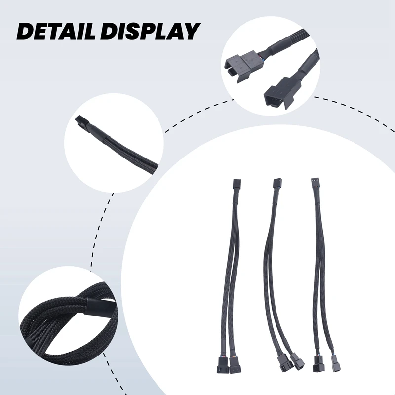 3Pcs PWM Fan Splitter Cable 2Way 4Pin Y Sleeved Extension Power Cable 1To2 Converter For PC Motherboard,Computer CPU Fan