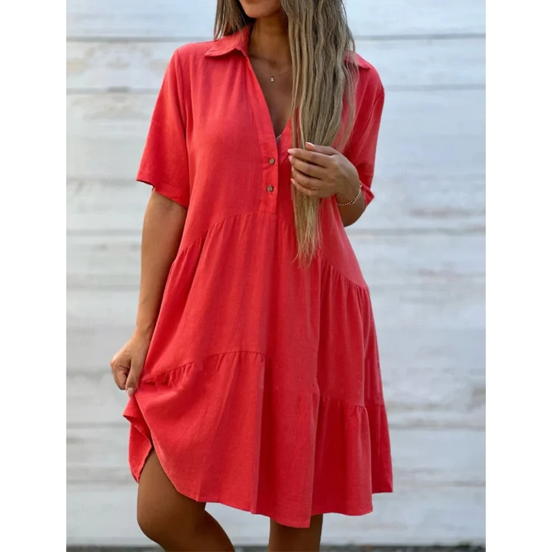 

Women's Summer Solid Color Short Sleeve Cotton Linen Dress