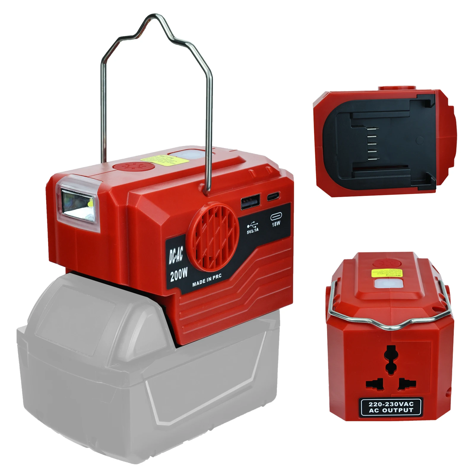 Inversor de Energia para Bateria Milwaukee Adaptador de Energia Senoidal Modificado Luz de Trabalho Led Porta Usb tipo c ca 120v 220v 200w