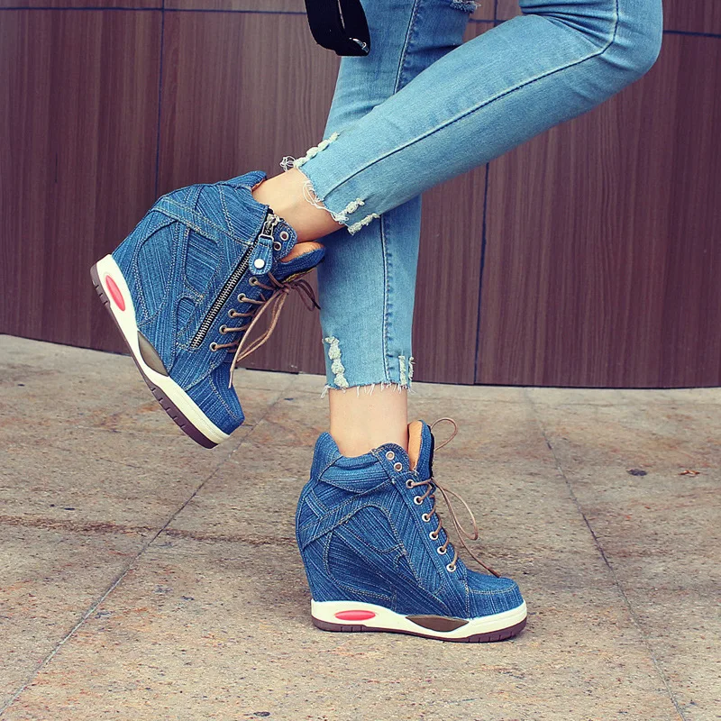 2026 New 9cm Spring And Autumn Height Increasing Denim Booties Women Fashion Lace Up High Heels Shoes Fashion Boots Lady Shoes view 3