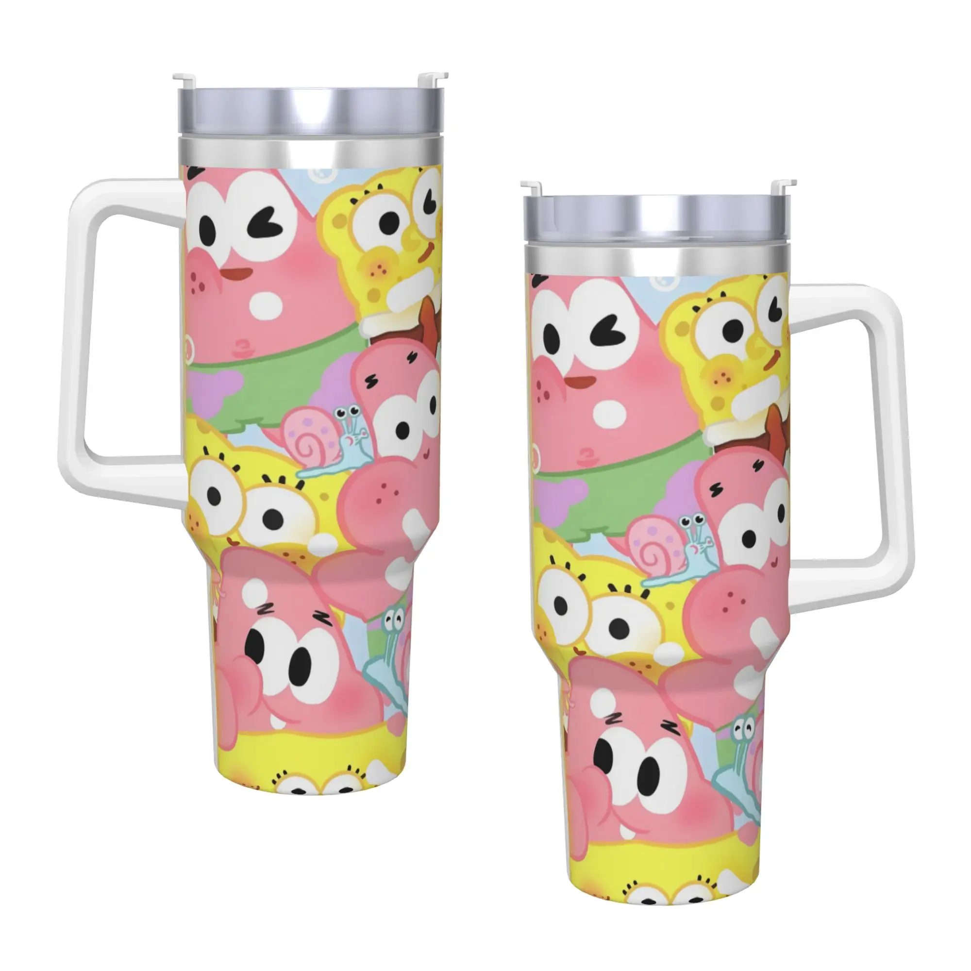 SpongeBobs Pink Patrick Collage Tile Stainless Steel Tumbler  Travel Thermal Mug With Straws and Lid Large Mugs Cup Water Bottle