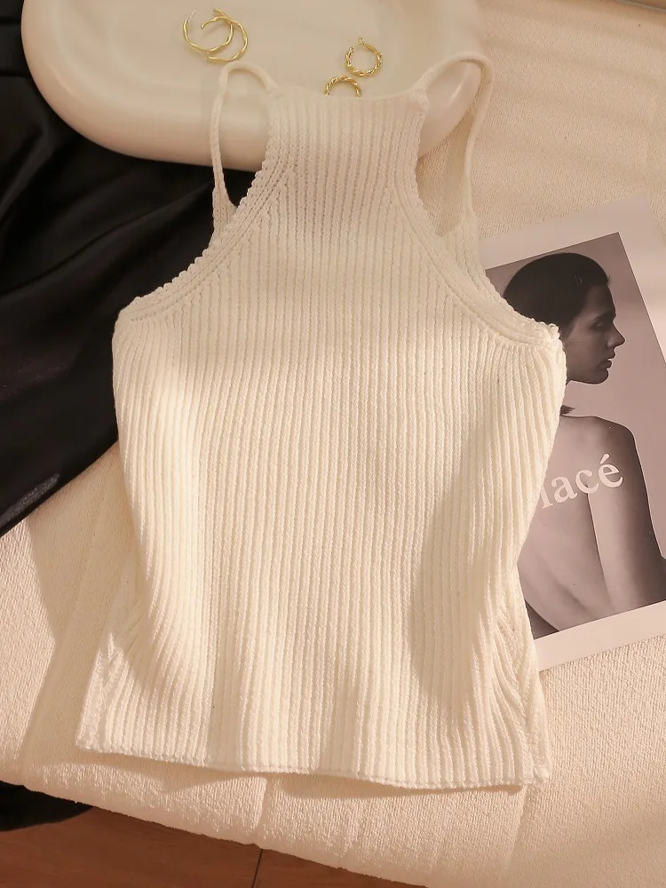 2025 새로운 라인 석 니트 탱크 탑 화이트 블랙 크루 넥 민소매 탱크 탑 여름 여성 의류 자르기 탑 Camis