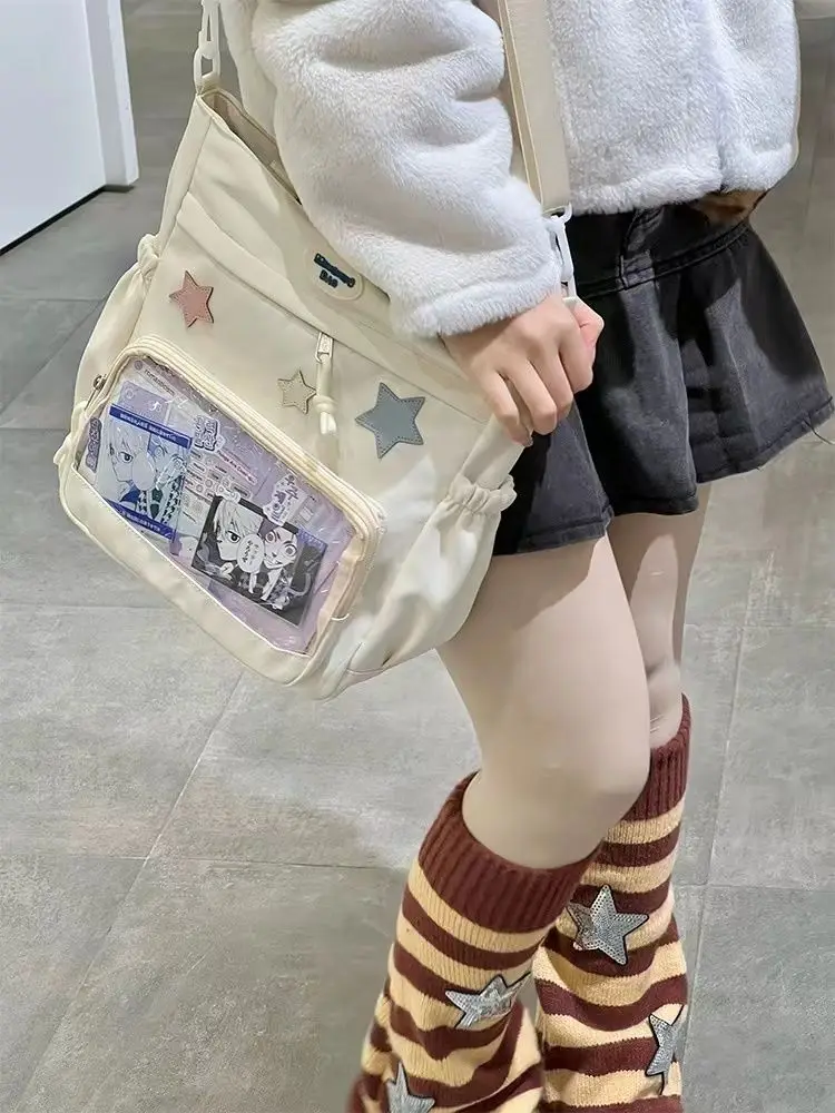 Women White Canvas Tote Bag Girls Kawaii Jk Crossbody Bags Large Capacity Y2k Star Handbag Cute Ita Handbag Photocard Kpop Purse