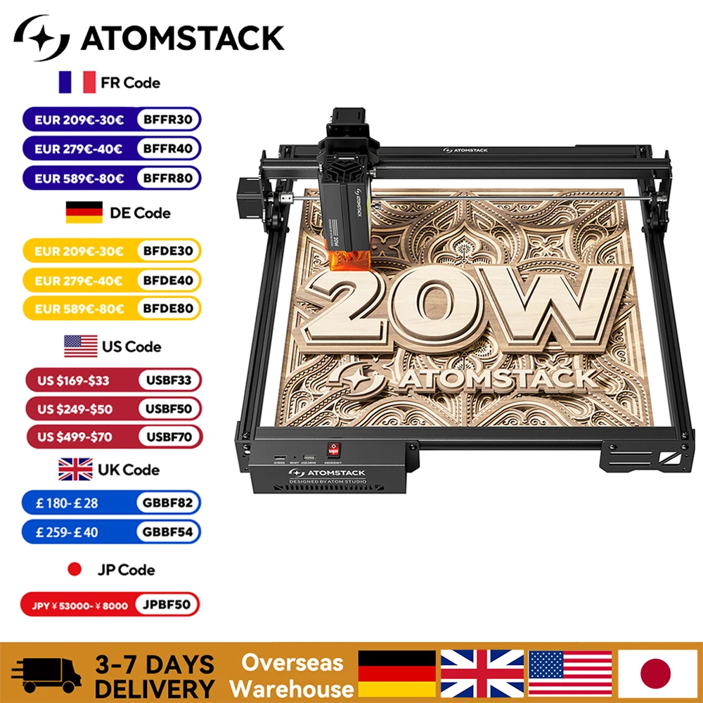 ATOMSTACK A20 PRO V2 20W Lasergraviergerät 0,08mm Ultra-Feiner Punkt 400x365mm Offline-Gravur 32-Bit-Chipsatz für Holz Metall Glas