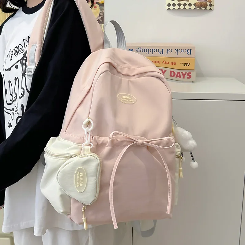 Cartable léger avec nœud papillon pour filles, sac à dos de voyage pour femme, sacs initiés étanches pour étudiants, grande capacité, mignon