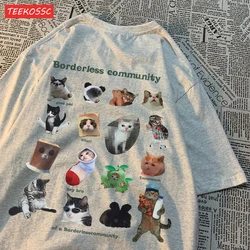 Letnie bawełniane koszulki damskie Cute Cats Picture Prints Krótki rękaw O-Neck Miękkie, oddychające topy Casual Oversize Odzież damska