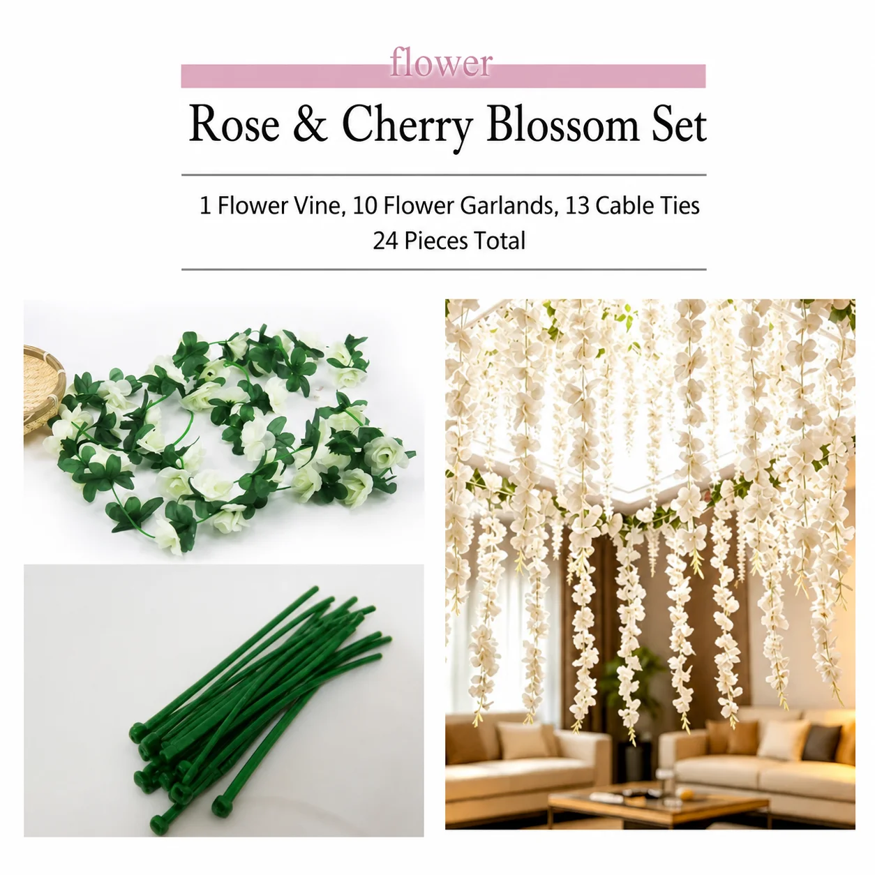 Decorative Flower Vine Natural Artificial White Rose Hanging Flower Decoration Flexible Wisteria Flower Vine For Ceiling view 2