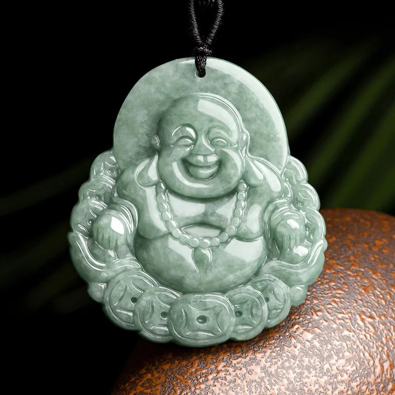 

Natural Type A Bean Grade Jadeite Laughing Buddha Fortune Amulet Coin Pendant Unisex Jade Jewelry