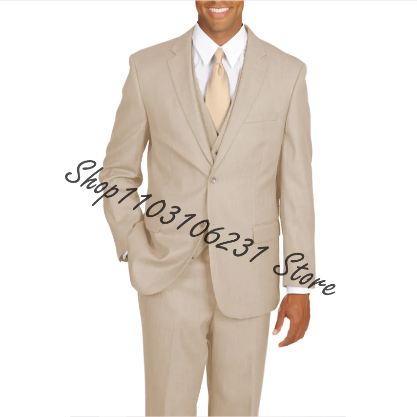 Custom Made Beige Slim Fit Wedding Men Suits 3 Pieces Bridegroom Groom Tuxedos Male Suits Jacket+Pant+Vest Trajes De Hombre