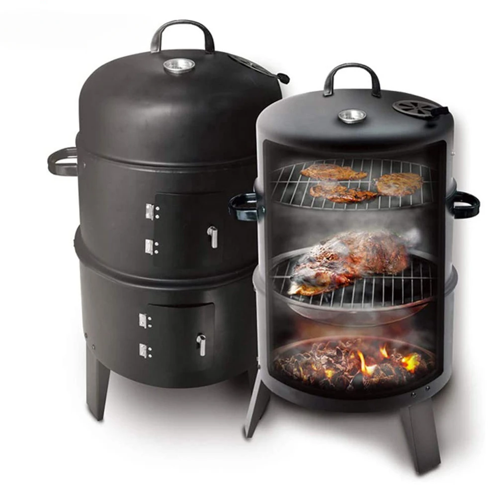 Backyard Meat Smoker Outdoor Cooking 40cm 15inch 3 Layers Steel Vertical Barrel Smoker BBQ Charcoal Grill