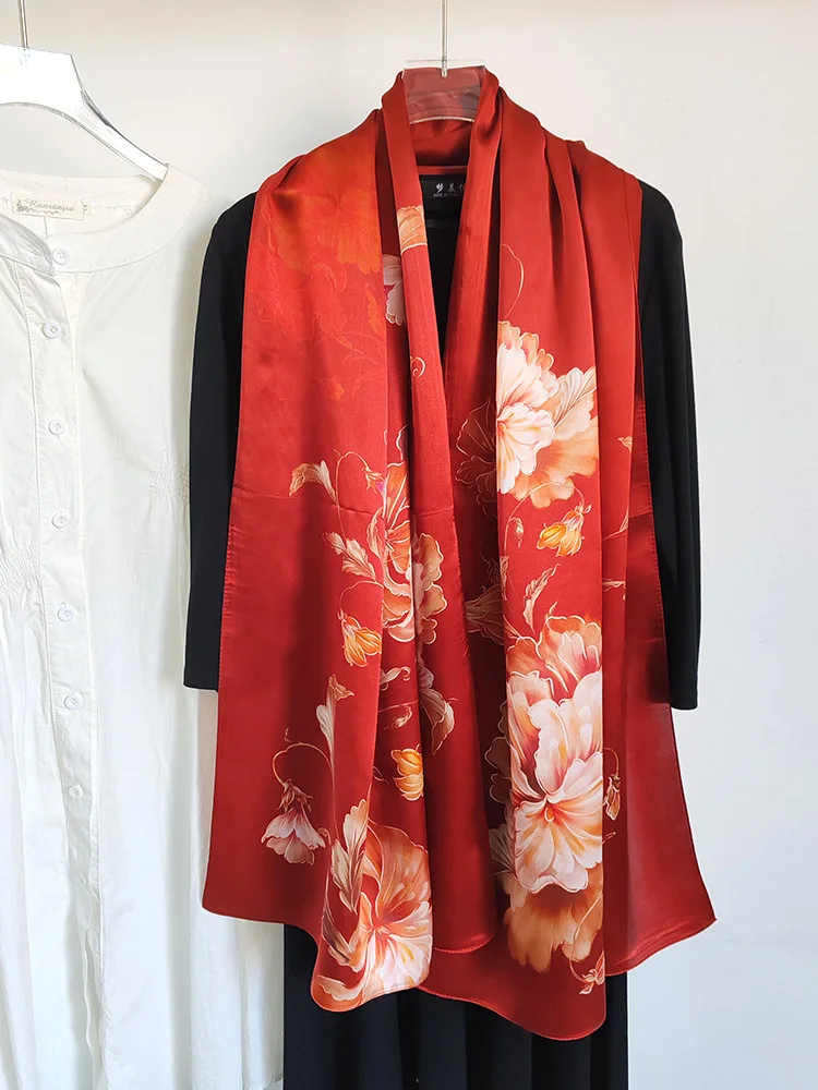赤いロングシルクスカーフ-00-桑絹サテン-フェイススカーフ-ショール-杭州シルク-ギフト-新年祝い-中華風-花柄プリント