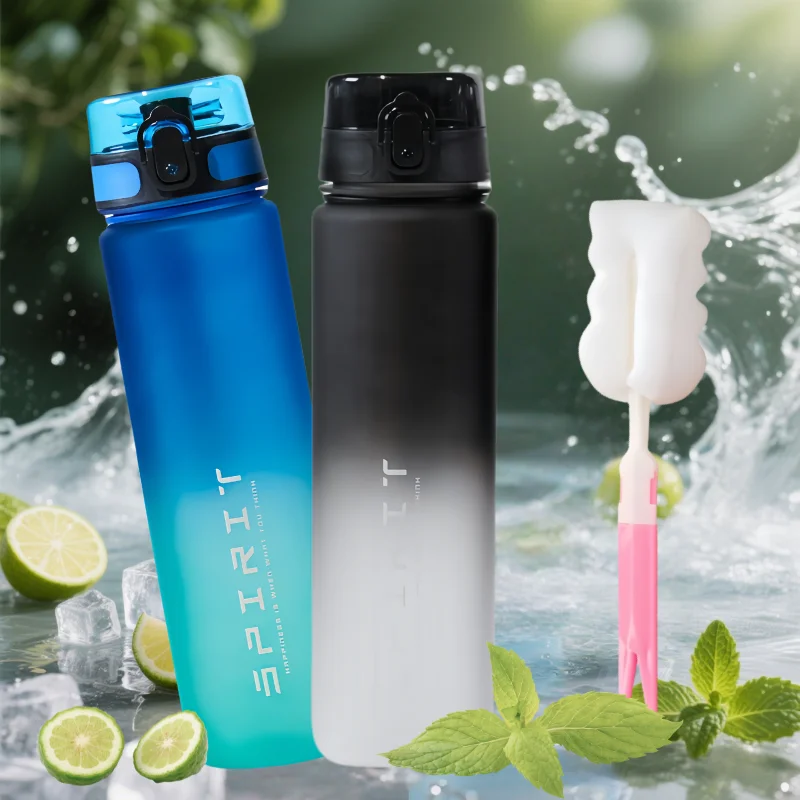 زجاجة مياه رياضية مقاومة للتسرب بسعة كبيرة سعة 1 لتر مع فرشاة كوب بلاستك أدوات للشرب للسفر في الهواء الطلق وأباريق للياقة البدنية في صالة الألعاب الرياضية المحمولة