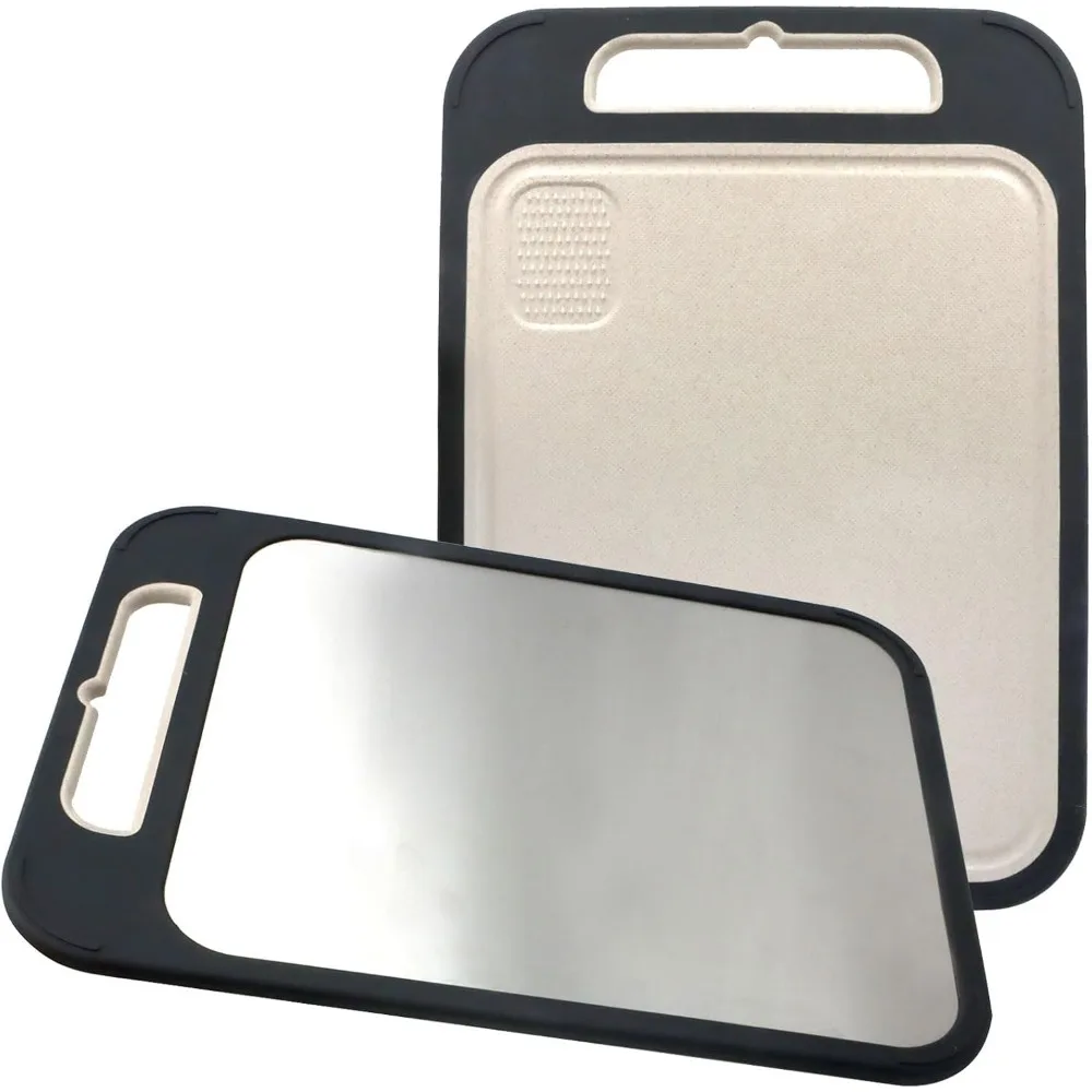 

Double Sided 304 Stainless Steel & Wheat Straw PP Cutting Board, Double Sided Chopping Board for Kitchen, Non-slip Silicone Wrap