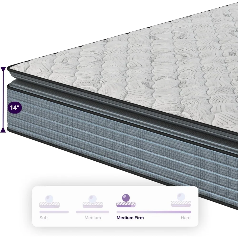 Colchón con almohada híbrida Isabella de 14 pulgadas: soporte medio firme, aislamiento de movimiento, certificado Certificado de EE. UU., fabricado en Estados Unidos