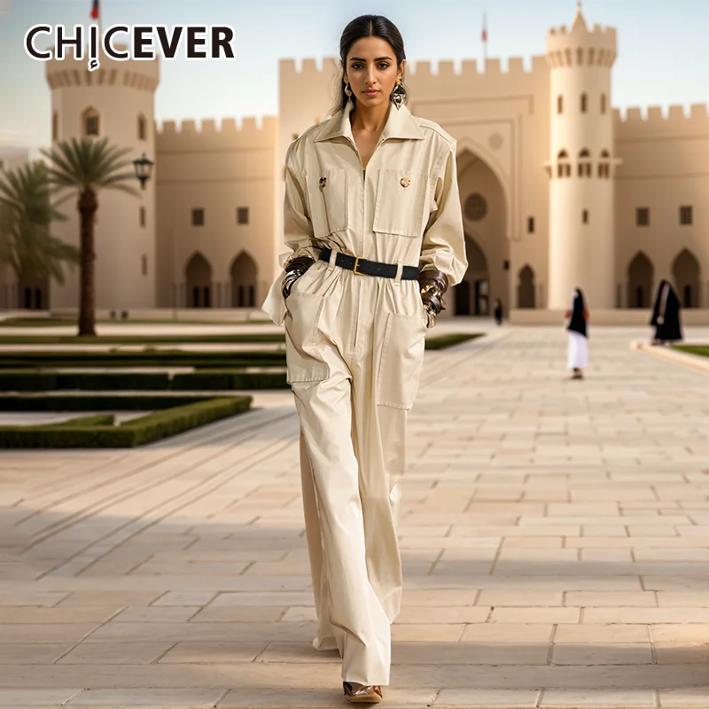 

CHICEVER Elegant Work Jumpsuit For Women Lapel Long Sleeve High Waist Patchwork Belt Straight Pant Cargo Playsuits Female Spring