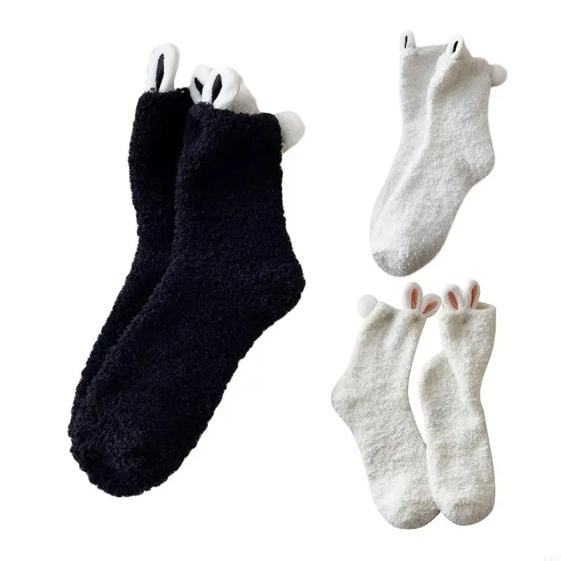 

L5YC Women Rabbit Ears Socks Tube Socking Short Socks Winter Thicken Warm Coral Fleece Socks