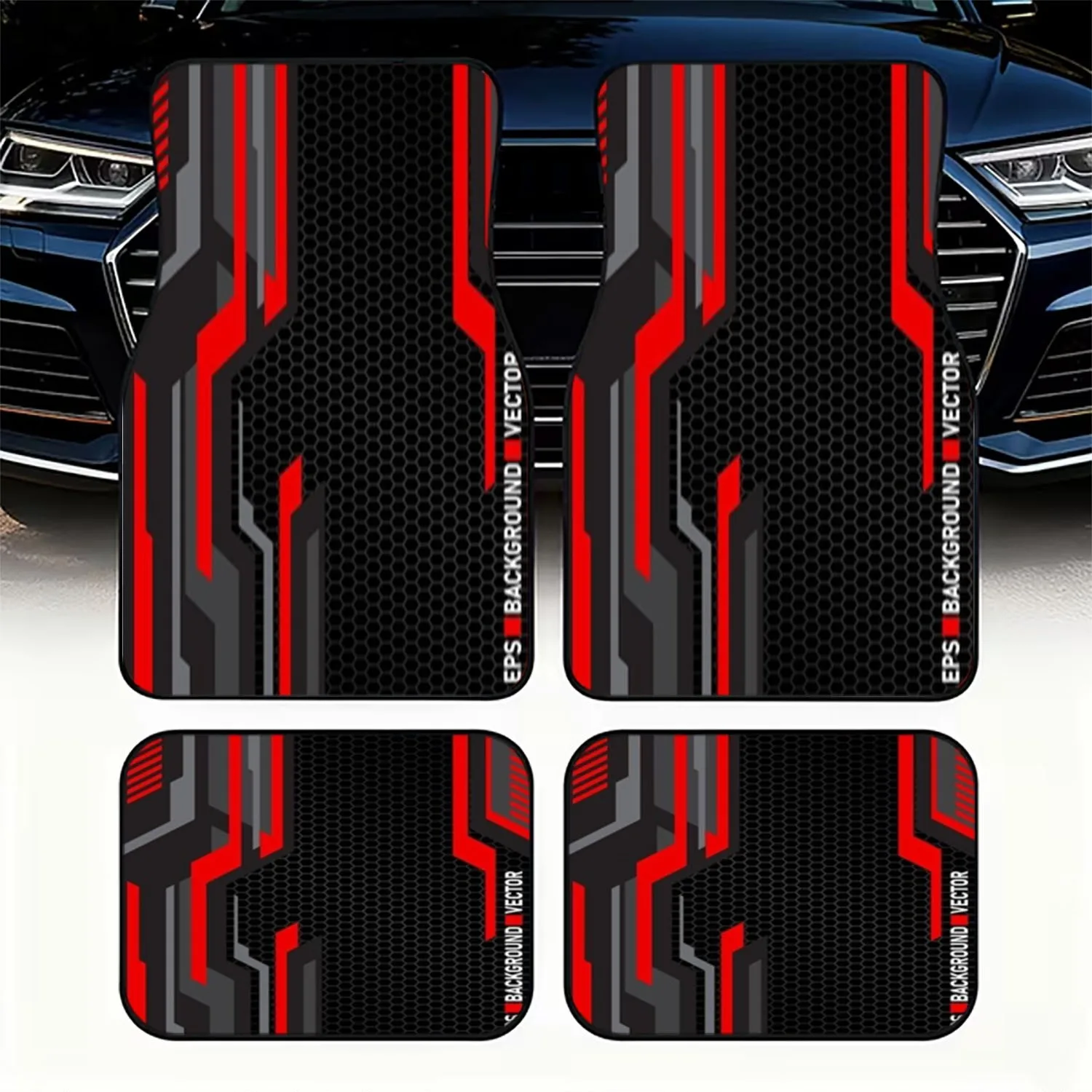4pcs Car Floor Mats | Polyester Material, Futuristic Hexagonal Grid Design, Red & Gray Geometric Accents, Sleek Modern Style, Pe