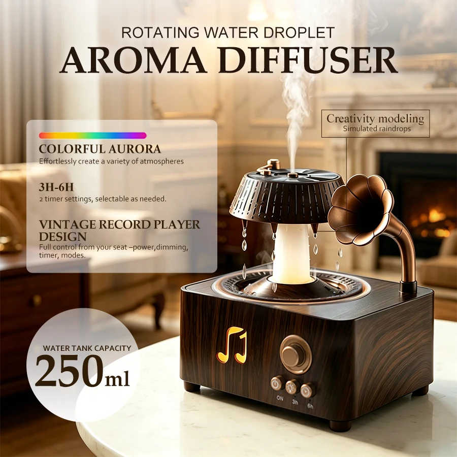Rotating Raindrop Aroma Humidifier, 7 Color Light, 250ml, 3-6H Timer, Essential Oil Diffuser, Ideal Choice for Christmas Gift