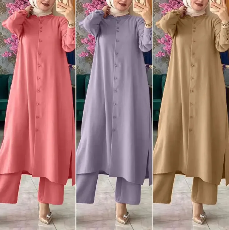 2024 Muslim Suit Middle East Solid Color Long-sleeved Cardigan Abayas for Women Trousers Suit Two-piece Set