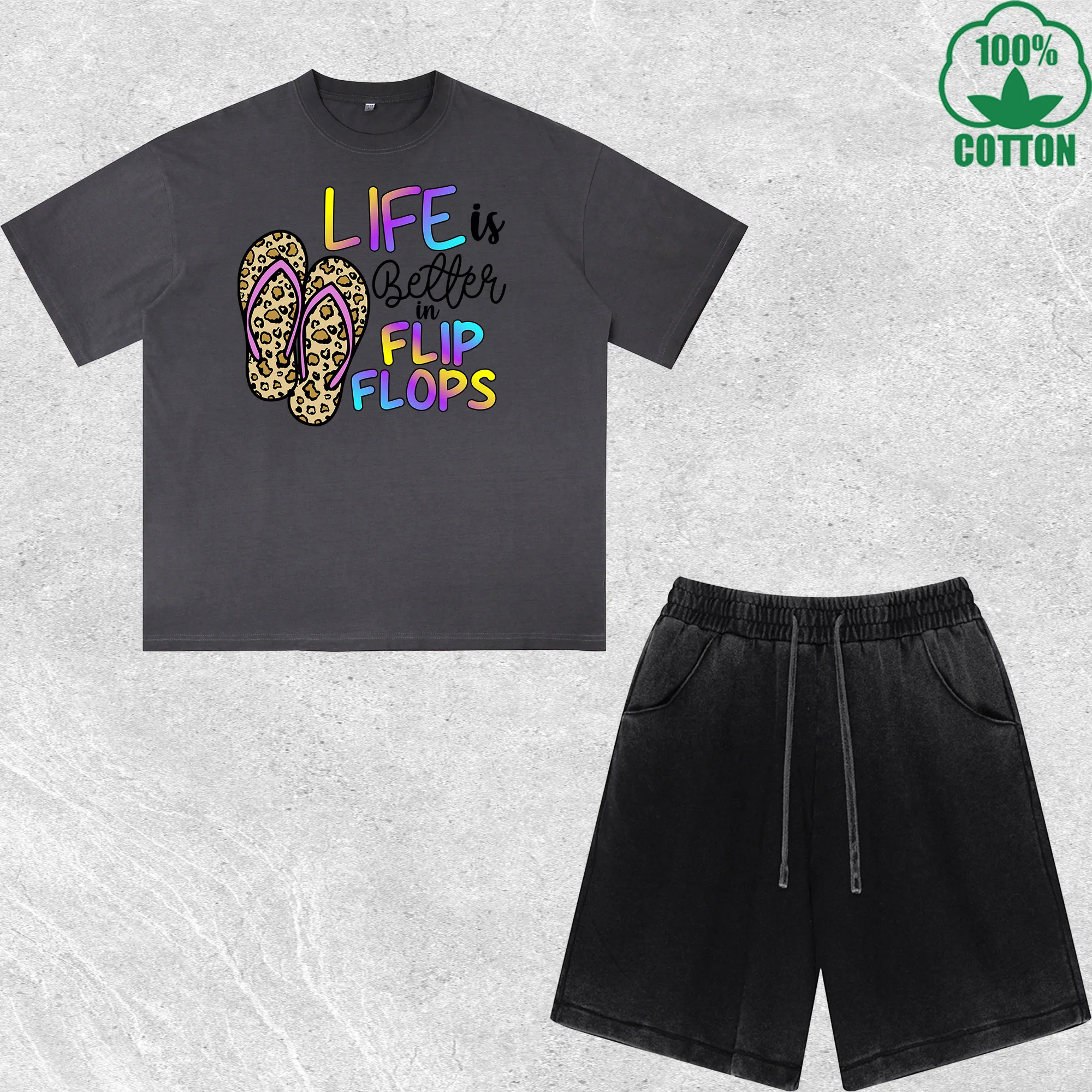 

Life Flip Flops Printed Dirty Wash T-Shirt Shorts Set Multicolor Combo Loose Trendy Fashionable 100%Cotton