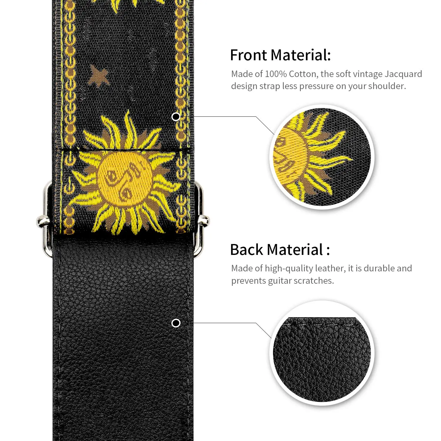 Guitar Strap with Genuine Leather Ends - Sun Jacquard Weave Strap For Bass Electric & Acoustic Guitars
