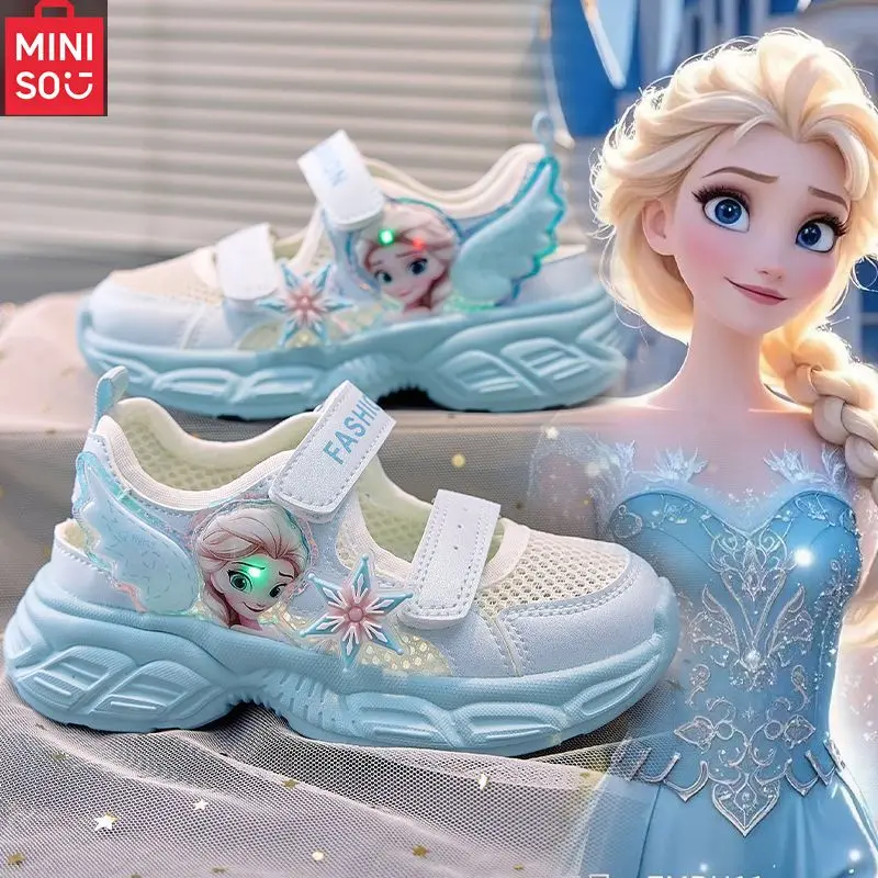 

Miniso Elsa Princess Light-Up Sandals for Girls 2025, Breathable Mesh Sport Sneakers for Summer